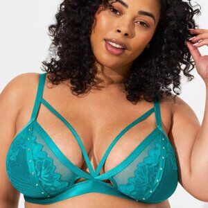💎 Torrid Curve Teal Lace & Mesh Strappy Bralette with Rhinestone Accents – Size